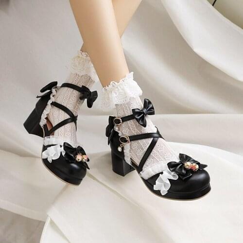 Women Shoes Pink White Lolita Womens Shoes Bow Japanese Lolita Shoes Lace Girl Round Head Middle Heel Lolita Single Shoes