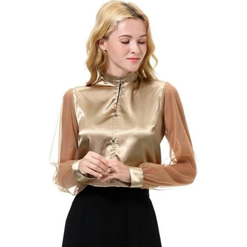 Women Shirt Imitation Silk Long Mesh Sleeve Button Down Shirt Work Office Blouse Top Womens Clothing 2021