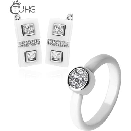 Trend Fashion Jewelry Set For Women Elegant Style 3mm Round Cramic Ring With Rectangle Stud Earrings For Female Girls Party Gift