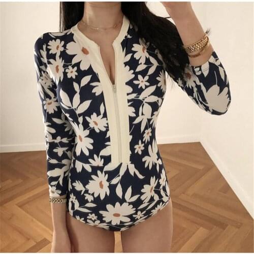 Long Sleeve Rash Guard Women Floral Print Swimsuit Zipper Surfing Suit High Neck Swimwear Black Diving Suit Push Up Bathing Suit