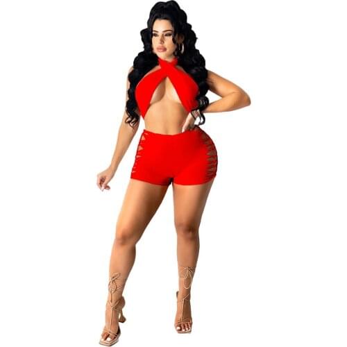 Red 2 Piece Set Track Suit Co Ord Set Summer Tops Women 2021 Shorts Sets Halter Neck Sleeveless Backless Crop Top Short Set