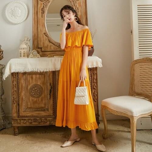 Women Chic Retro Long Boho Dress Summer Spring Cotton Silk Ruffle Slash Neck Dress Summer Thailand Bali Beach Holiday Dress