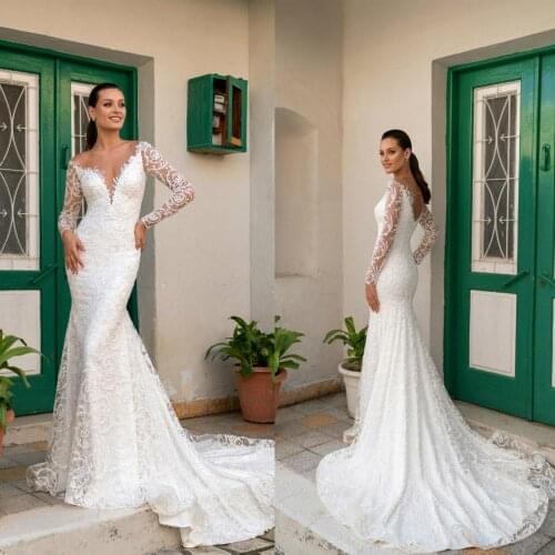 2021 Wedding Dresses Long Sleeves Lace Appliques Beach Bridal Gowns Sexy Backless Sweep Train Mermaid Wedding Dress