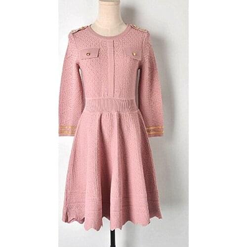 2019 Spring Summer New Epaulettes Seven Points Cuffs Phnom Penh High Waist Wave Large Swing Knit Dress Sets of Womens Clothing