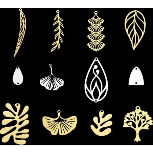 5pcs/lot 100% Stainless Steel Leaf Life tree Charm Pendant for necklaces Wholesale Feather Geometric Charms for DIY Jewelry Make