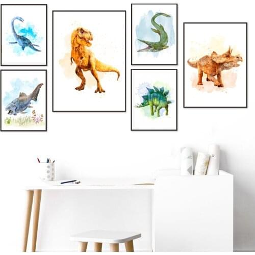 Color Dinosaur Tyrannosaurus Sea Fish Nursery Nordic Posters And Prints Wall Art Canvas Painting Wall Pictures Kids Room Decor