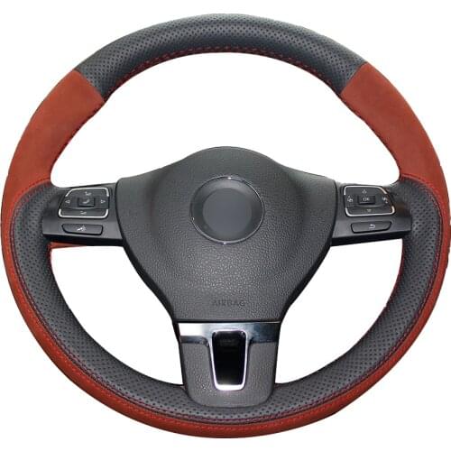 Black Natural Leather Brown Suede Car Steering Wheel Cover for Volkswagen VW Gol Tiguan Passat B7 Passat CC Touran Jetta Mk6