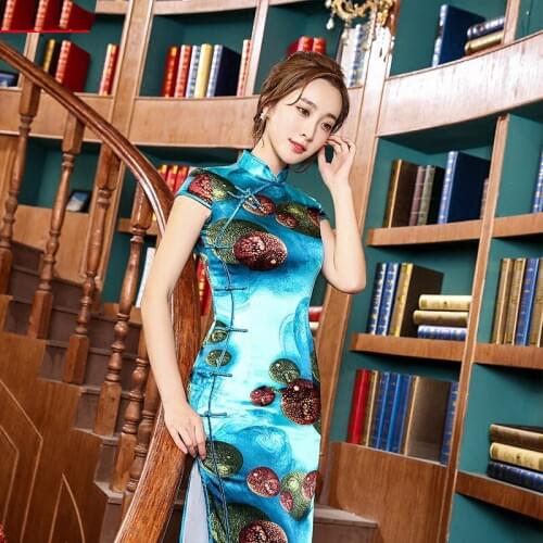 The High Quality New Fashion Silk Long Dress Autumn Retro Slim Dress Blue Color with Printing Elegant Dress