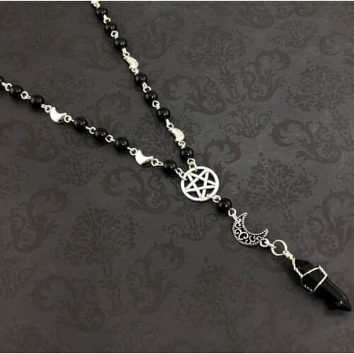 Gothic Rosary Necklace Pagan Rosary Prayer Beads Black Onyx Pentagram Beaded Trad Goth Charm Creativity Punk Jewelry Women Gift