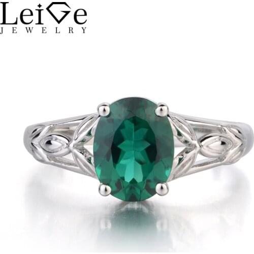 Leige Jewelry Solitaire Lab Emerald Ring Oval Cut Ring Green Gemstone Engagement Ring May Birthstone 925 Sterling Silver Ring