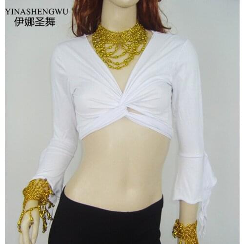 Good-looking Solid Silk Cotton Trumpet Sleeve Top Belly Dance Top Womens Belly Dance Costume Long-sleeved Mermaid Tops