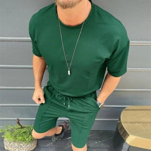 Fashion Solid Two Piece Sets 2021 Summer Mens Casual Tracksuits Short Sleeve Pullover Tops Hipster Shorts Outfits Men Streetwear