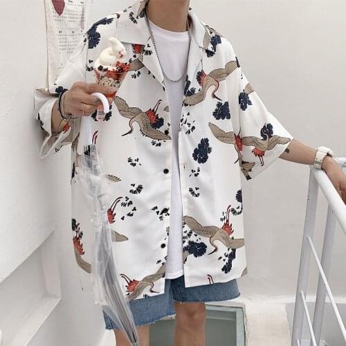 Grus Printed Shirts Short Sleeve Japanese Streetwear Harajuku Shirts Men HipHop Oversized Casual Tops Hawaiian Shirt Camisa