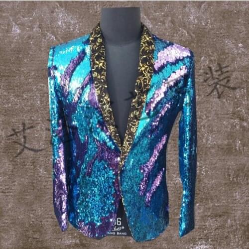 S-5XL Tide Men Double-Color Sequins Suit Jacket Punk Nightclub Bar DJ Fashion Flip Paillette Blazer Stage male Singer Costumes