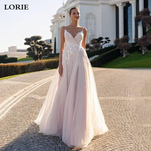 LORIE Beach Wedding Dress A Line Spaghetti Straps Bride Dresses With 3D Flowers V Neck Wedding Party Gowns