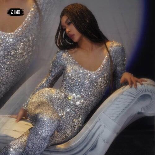 Stage Crystal Jumpsuit Bar Dance Costume Wear Rhinestone Bodysuit Women Sexy Leggings Outfit Stage Performance Clothes Club Rave