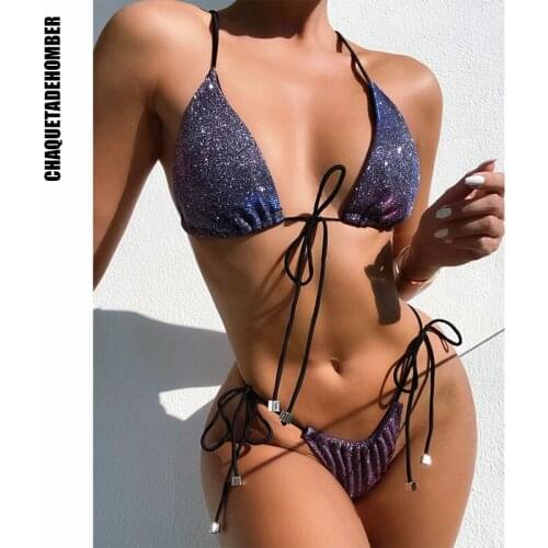 Sexy Bikinis 2021 Women Shiny Bandage Swimwear Summer Simple Brazilian Thong Swimsuit Tankinis Set Bathing Suit Bather Beachwear