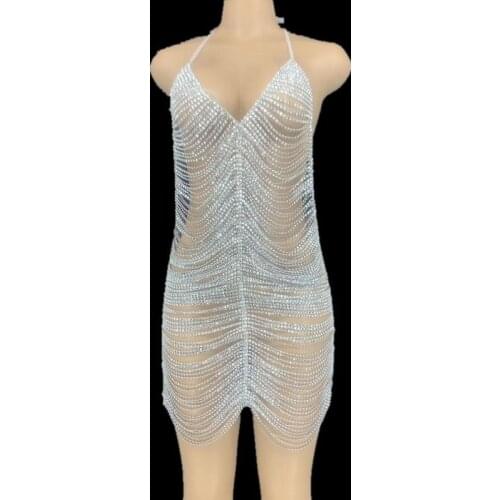 Silver Rhinestones Chains Backless Short Dress Bar Prom Women Dancer Hollow Outfit Birthday Celebrate Dresses Party Wear DT2384