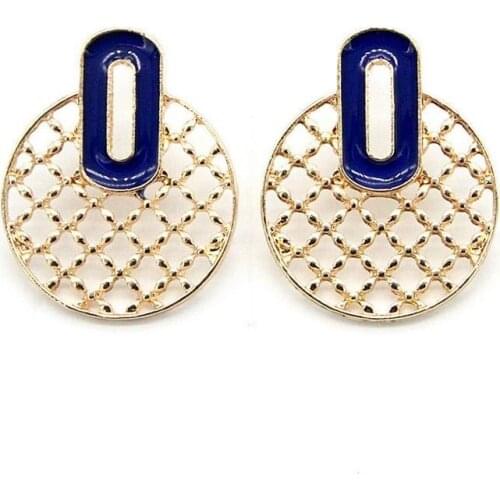 Blue Enamel Round Metal Lattice Drop Earrings for Women Gold Filigree Circle Earrings Free Shipping Jewelry Wholesale