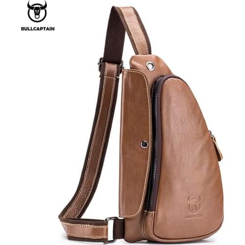 BULLCAPTAIN mens leather retro fashion chest bag first layer cowhide messenger bag outdoor sports leisure multifunctional bag