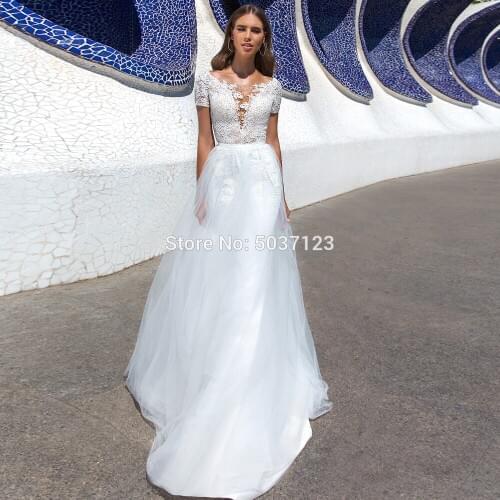 Short Sleeves Wedding Dresses Mermaid Scoop Lace Appliques Open Back Bridal Wedding Gowns Detachable Train Vestido De Noiva