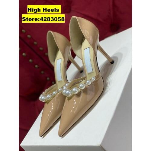 Casual Designer Women Pumps Aurelie 85m Nude Patent leather pearls Pointy toe High heels bride wedding shoes