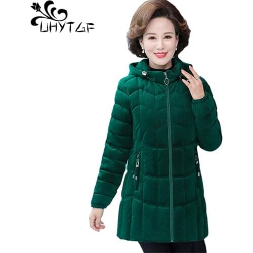 UHYTGF Elegant Mother Winter Cotton Coat Quality Gold Velvet Down Jacket Warm Parker Womens Lamb Cashmere Plus Size Outwear 1200