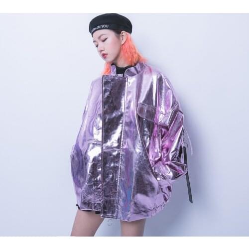Street hip hip-hop cool reflective bright face letter ribbon long sleeved loose jacket men and women