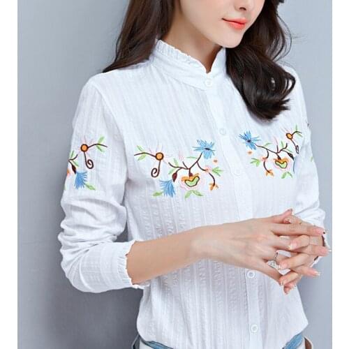 Women Blouses 2020 New Summer Floral Embroidery Stand Collar Formal Shirt Cotton Blouse Shirt Casual Tops Blusas Femininas