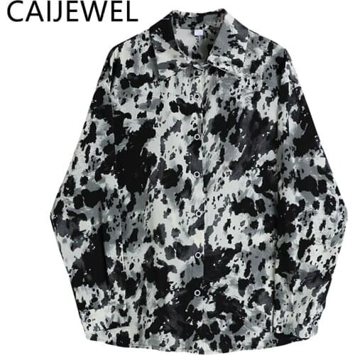 Women Shirt 2021 Korean Fashion Streetwear Long Sleeves Polo Collar TOP Tie Dye Baggy Sense of Design Color Collision Mom Blouse