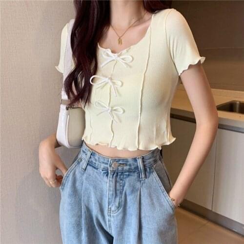 Women Fashion V-neck Summer Short Tops Japan Style Cute Bow Short Sleeve Slim T-shirts Sweet Female Casual Tshirt Streetwear Pop