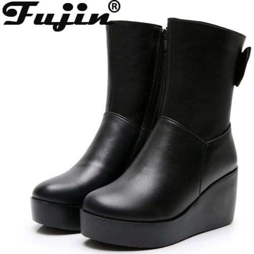Fujin Genuine Leather Cow Wedge Warm Women Ankle Boot Chunky Heel Platform Motorcycle Lace up Motor Booties Footwear Winter Shoe
