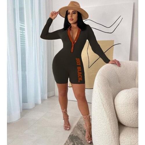 Jumpsuit Women Long Sleeve Letter Color Button Skinny Playsuit Club Party Sport Knee Length Bodysuit One Piece Overall Romper