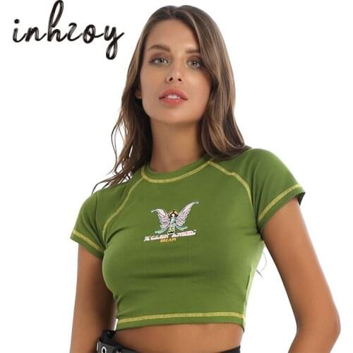 Women E-Girl Butterfly Graphic Letter Print Green Crop Top Vintage Y2K Summer Rock Style O-Neck Short Sleeve Casual Sexy T-Shirt
