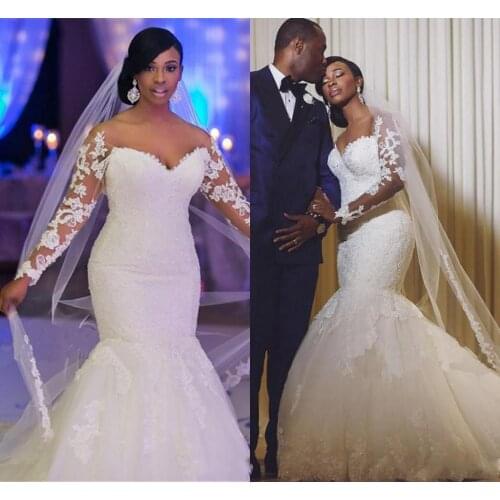 Plus Size Mermaid Wedding Dresses Off The Shoulder Long Sleeves Appliques Lace Custom Made Backless Wedding Gowns Chapel Train