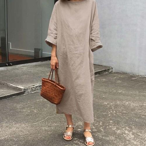 2021 Spring Robe Round Neck Linen And Cotton Vestidos Pullover Loose Long Dress Women Arts Vintage Solid Color Oversized Dress