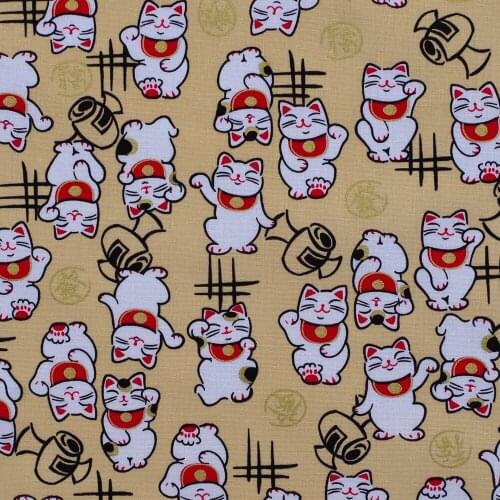 1 yard Printed Cotton Woven Fabric - Lucky Cats on Yellow Background (width=140cm)