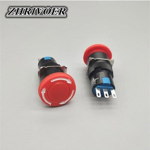 16mm LA16-11ZS Red Mushroom Head Emergency Stop Push Button Switch 3 Pin 5A/250VAC