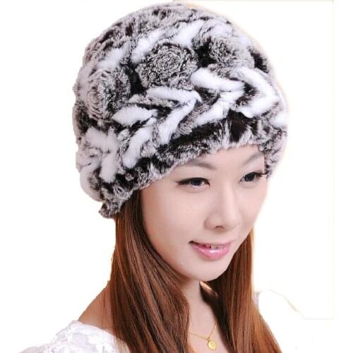 2020 Genuine Knitted Rex Rabbit Fur Hat Winter Lady Floral Cap Female Headgear Women Fur Beanies