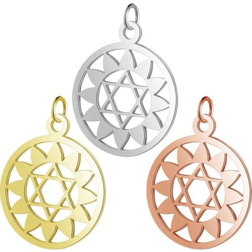 5pcs Titanium Stainless Steel Yoga Healing Chakra Charms Gold Silver Tone Round Tag Disk Hollow Moon Star Pendant Jewelry Craft