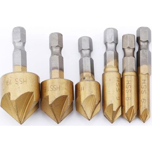 6PCS Gold 90 Degree Hexagon Shank Five-edge Chamfering Machine Tool Chamfering Knife Woodworking Hole Opener High-speed Steel