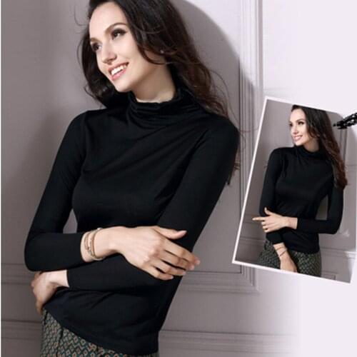 2017 Pure Silk Basic Shirt Heavy 100% Mulberry Silk Turtleneck Long-sleeve Women Basic Sweater Tops L/XL/XXL/XXXL FREE SHIPPING