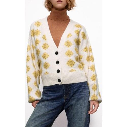Eliasha Oversize Jacquard Knit Cardigan Sweater Women 2002 Autumn Winter V-Neck Long Sleeves Ribbed Trims Chic Sweaters Cardigan
