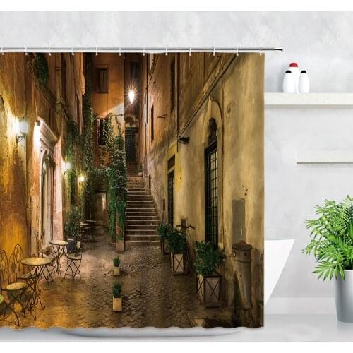 Italy Rome Old Courtyard Scenery Retro Street Flowers Green Plants Shower Curtains Modern Decor Landscape Bathroom Curtain Sets