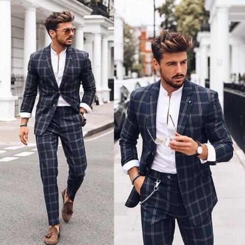 Classic Handsome Men Check Tuxedos Custom Made Notched Lapel Slim Fit Plaid Blazer Smart Casual Daily Outdoor Suits 2 Pieces Set