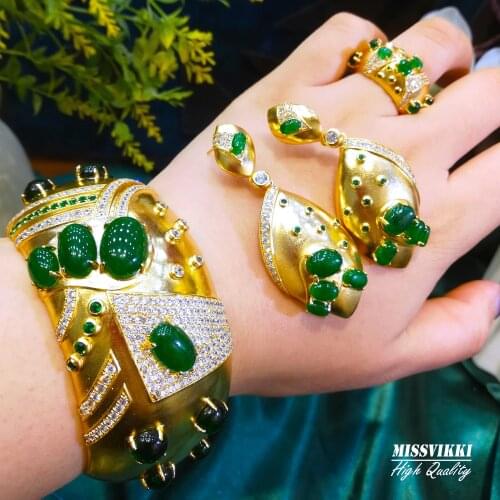 Missvikki Red Green Blue Dubai Luxury Wide Bangle Earrings Ring Jewelry Set for Women Bridal Wedding Party Show High Quality