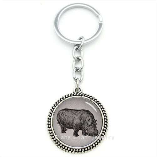 Trendy round men body jewelry hippo keychain vintage hippopotamus animals pendant key ring jewelry father,husband gift T645