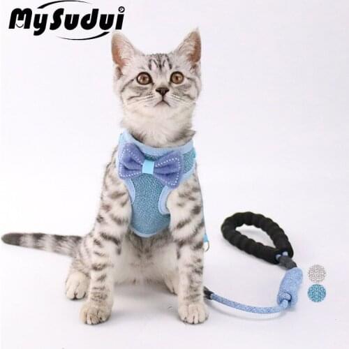 MySudui Bowknot Cat Harness And Leash Set Adjustable Breathable Soft Cat Pulling Strap Walking Vest Harness Collars Pet Leashes