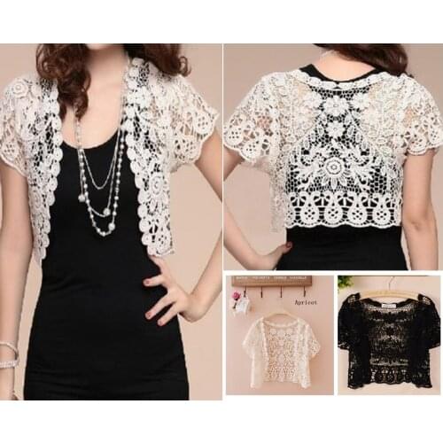 Casual White/Black Womens Short Sleeve Shrug Bolero Lace Sheer Bridal Summer Jacket Cape