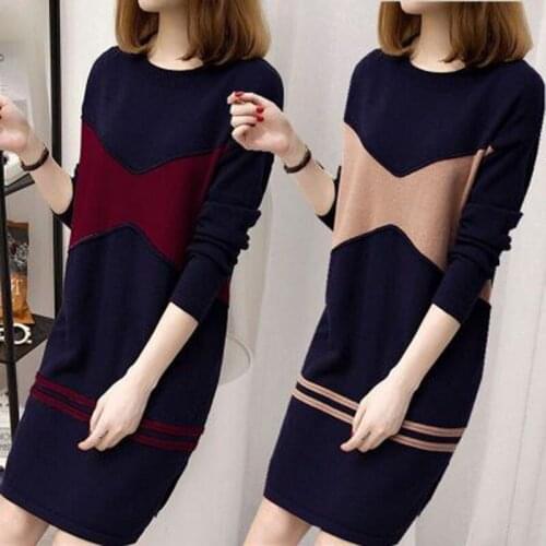 Spring and autumn 2021 new split mid-length sweater women Korean temperament long-sleeved casual bag hip skirt pullover dress
